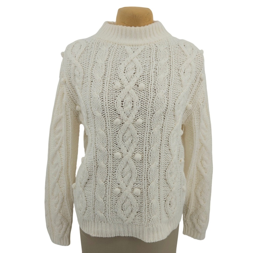 Chelsea Studio Womens Large Cream Cable‎ Knit Pom Pom Mock Neck Sweater